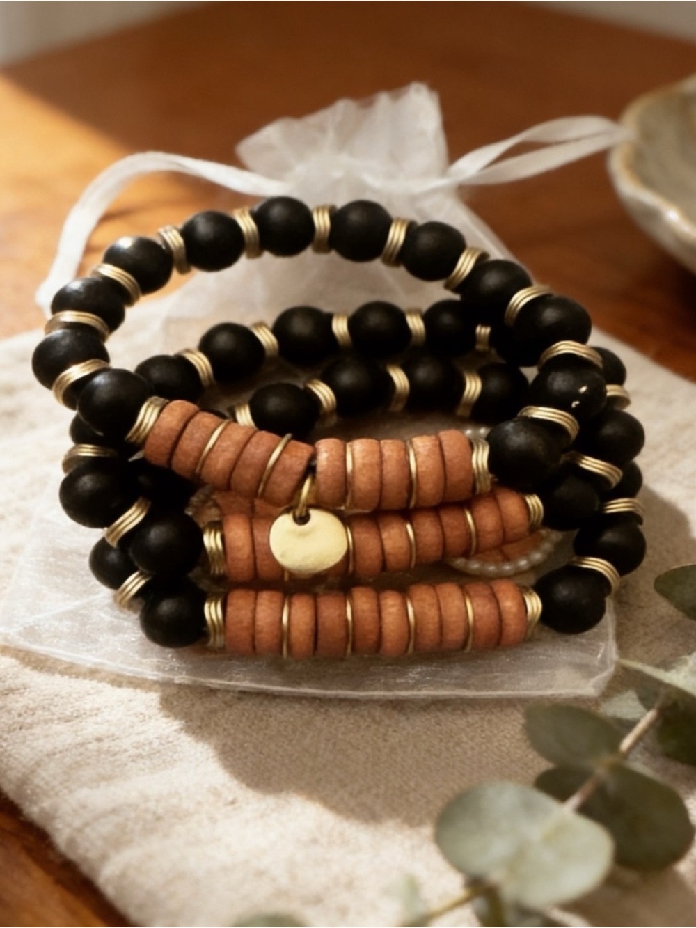 Handcrafted Black and Brown Wood Bead Stretch Bracelets with Gold Accents